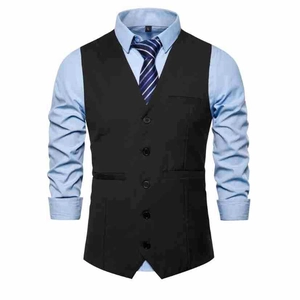 Detail of black slim-fit vest set with light blue shirt and diagonal striped tie