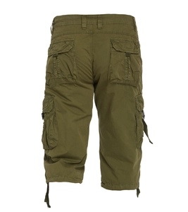 Detail view of military green cargo shorts with multiple utility pockets and belt loops