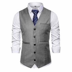 Detail of light grey business vest with five-button closure and classic V-neck style