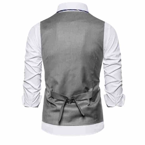 Rear view of grey suit vest showing adjustable back strap and textured fabric