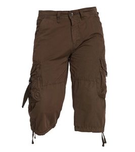 Detail view of brown cargo capri pants with large side pockets and drawstring hem design