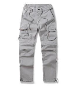 Detail view of men's casual cargo pants with elastic waist and side zipper pockets