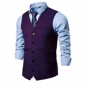 Detailed front view of deep purple business vest with V-neck and five-button closure
