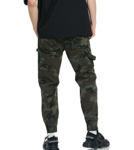 Rear view of camouflage cargo pants for men featuring elastic ribbed cuffs and pockets
