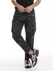 Men's dark grey camouflage cargo pants with multi-pockets and a rugged street style