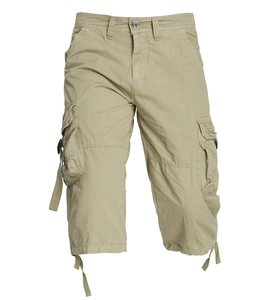 Detail of khaki cargo shorts showing multi-pocket design and drawstring hem on white background