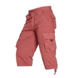 Men's cargo 3/4 shorts in dark rose pink with multi-pockets and drawstring cuffs