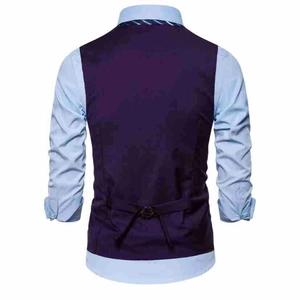 Detail view of purple vest back with adjustable buckle strap and light blue shirt