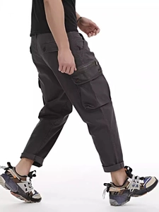 Men's dark gray cargo pants with multi-pockets and casual loose fit for outdoor style