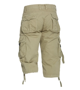 Detailed back view of khaki cargo capri pants featuring flap pockets and drawstring cuffs
