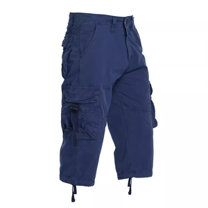 Men's dark blue cargo capri pants featuring multi-pocket design and adjustable drawstring hem