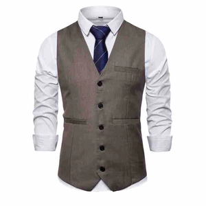 Close-up of slim fit brown-grey dress vest with five buttons and a deep V-neckline