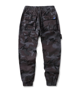 Detail view of cargo camo pants showing rear flap pockets and elastic cuffs