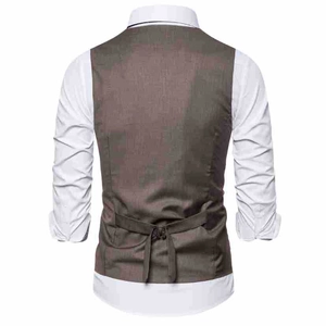 Detailed back view of coffee brown men's suit vest with adjustable buckle and back strap