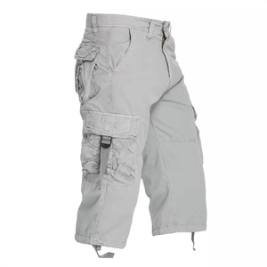 Men's light grey cargo shorts with multiple utility pockets and adjustable drawstrings