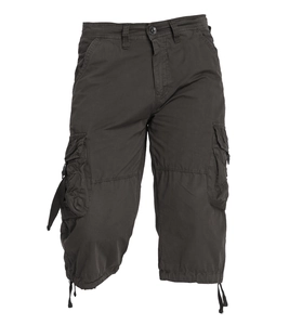 Detail view of charcoal grey cargo shorts with large flap pockets and drawstring hem design