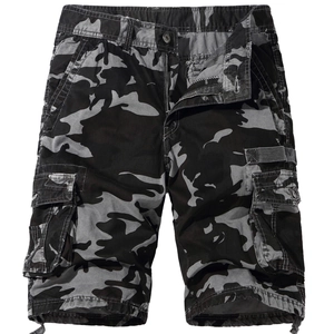 Mens summer cargo shorts with black grey camouflage pattern and large utility pockets