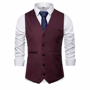 Detail view of burgundy slim fit business vest featuring five-button closure and V-neck