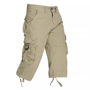 Men's khaki cargo shorts with multi-pockets and adjustable drawstrings in a loose fit