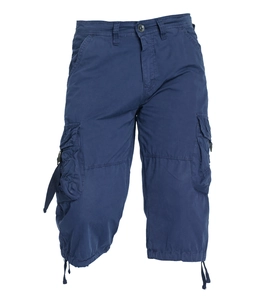 Close-up of deep blue cargo capris showing large flap side pockets and drawstring hem details