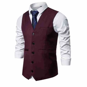 Detail of burgundy slim fit business vest with five-button closure and faux pockets