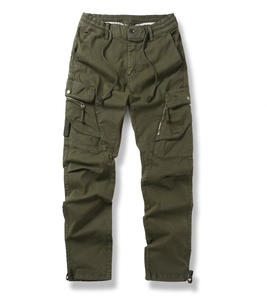 Detail of army green cargo pants featuring elastic waist, drawstring, and large side pockets