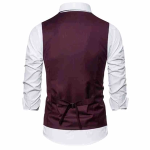 Rear view of burgundy business vest for men with adjustable back buckle and fabric detail