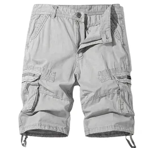 Men's loose casual cargo shorts in light grey washed cotton with multiple pockets