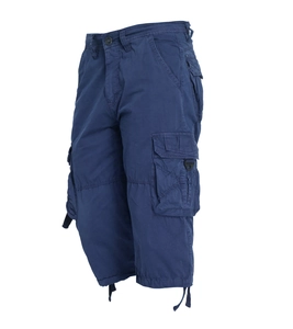 Detailed close-up of heavy-duty navy blue cargo shorts featuring side pockets and drawstring hem