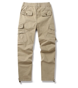Detail of khaki men's cargo pants showing elastic waistband and back flap pockets