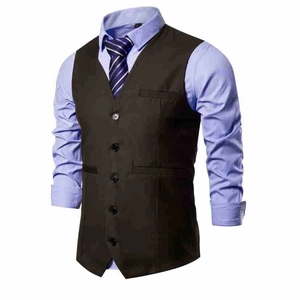 Detail of classic V-neck men's suit vest with five buttons and decorative pockets