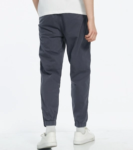 Rear view of dark grey cargo joggers showing slim fit design and elastic ribbed cuffs