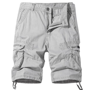 Men's casual light grey cargo shorts with multi-pockets and adjustable drawstrings
