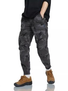 Men's dark grey camo cargo joggers with drawstring waist and multiple utility pockets