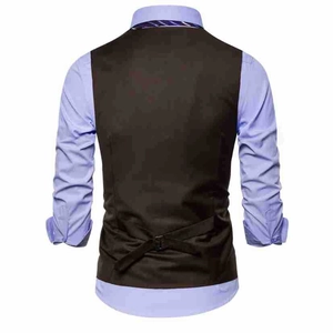 Rear view of mens business casual vest featuring adjustable metal back buckle strap