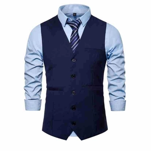 Detailed close-up of dark blue slim fit waistcoat with five buttons and striped tie set
