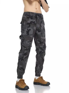 Men's camo cargo pants in dark grey with elastic drawstring waist and side zip leg cuffs
