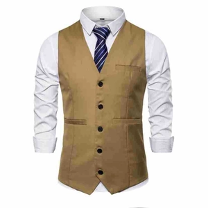 Detail of khaki V-neck vest with five buttons and three pockets for men's suit