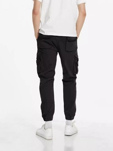 Mens black cargo joggers with multi-pocket design and elastic tapered cuffs for casual wear