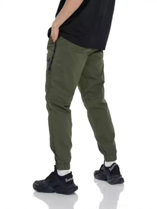 Men's army green cargo joggers with side zipper pockets and elastic ankle cuffs
