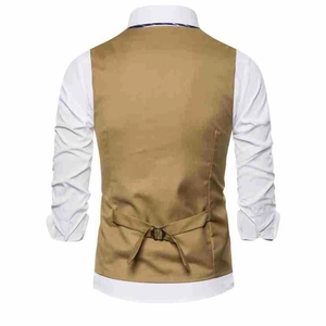 Detail view of camel men's waistcoat back with adjustable waist strap and metal buckle
