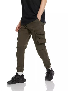 Men's outdoor cargo joggers in army green with multi-pocket design and black t-shirt