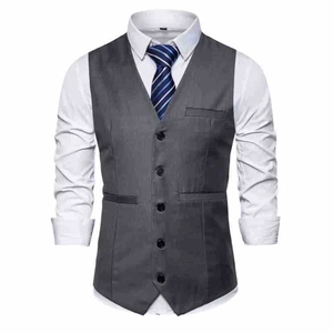 Detail of grey men's business suit vest with five buttons and front pockets on white background