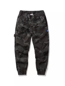 Men's camouflage cargo joggers with elastic drawstring waist and ankle zipper detail