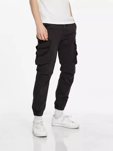 Men's black multi-pocket cargo joggers with elastic waist and tapered cuffs for casual wear