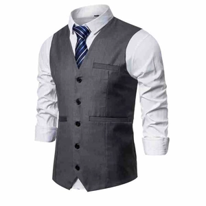Detail shot of a dark grey men's slim fit vest featuring five buttons and suit pockets
