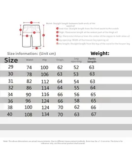 Detailed size chart for men's camouflage cargo shorts with measurement instructions