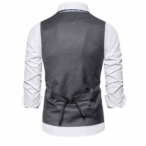 Detail of dark grey vest back with adjustable buckle strap and smooth texture
