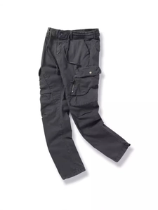 Men's dark grey cargo pants featuring elastic waist with drawstring and side zip pockets