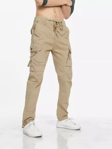 Pantalon cargo kaki coupe ajustée pour homme avec taille élastique et poches multiples
